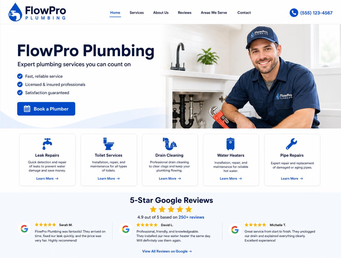 Premium plumbing company website shown on MacBook and iPhone